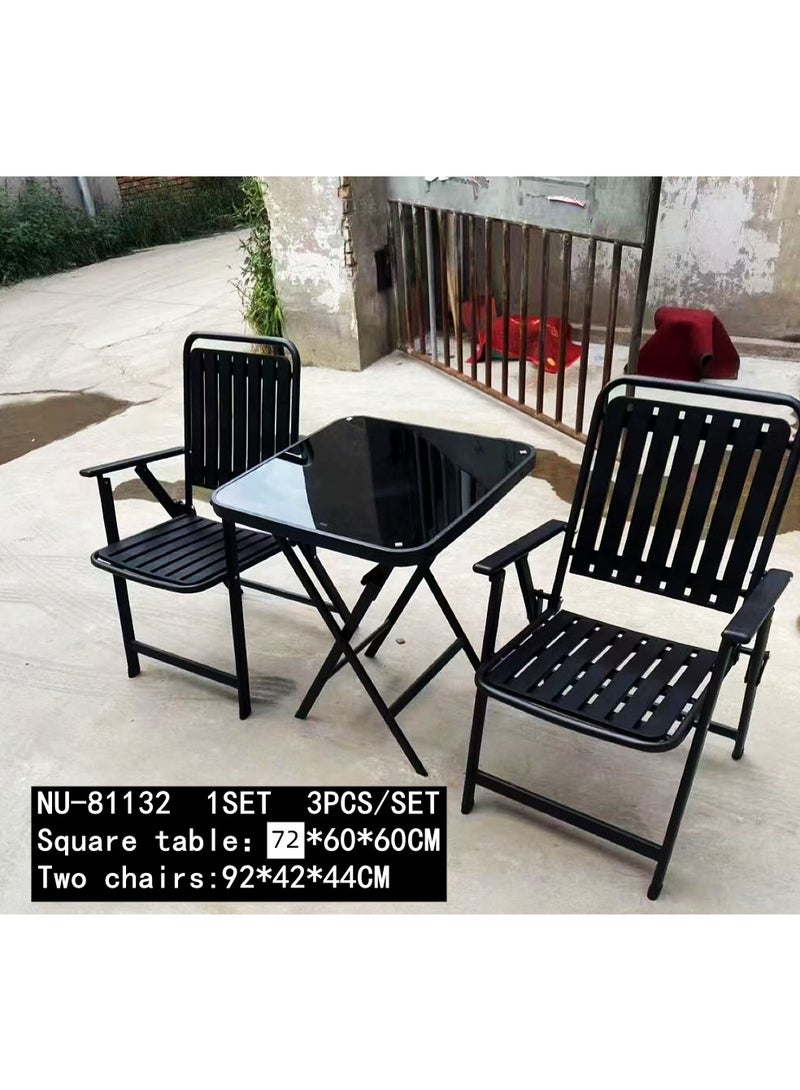 DubaiGallery Folding Outdoor Furniture Set 2 Chairs and Glass Top Table Space-efficient patio furniture with contemporary style, strong metal build, comfortable seating, easy folding mechanism, suitable for home balcony, garden, terrace, restaurants, and outdoor cafés. - Image 1